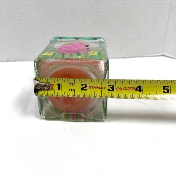 Pink Flamingo Tropical Votive Tea Candle Holder Square Glass Heavy Hand Painted - Picture 5 of 7